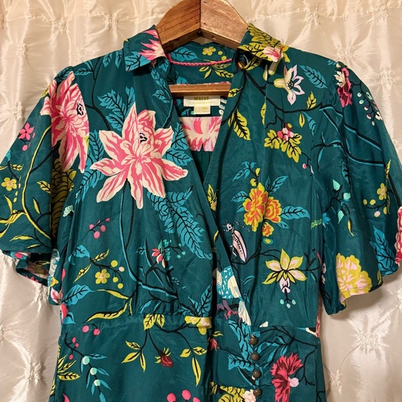 Anthropologie Maeve Green Floral & Bird Print Button-Front Midi Dress Wrap - Picture 7 of 15